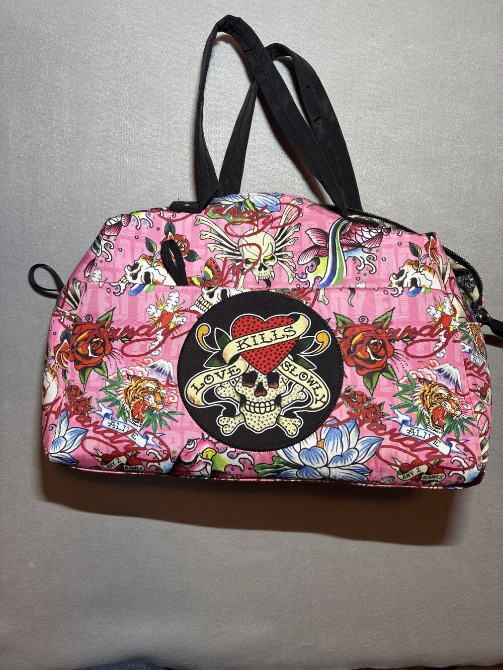 Ed Hardy Pink Love Kills Slowly Rhinestone Large Duffle Bag tattoo flash NEW